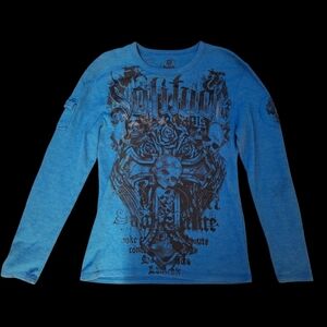 Vintage CJ Black Blue Y2K Cyber Grunge Thermal Shirt (Size L)